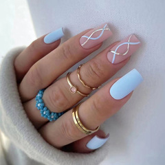 Mid-to-long length sky blue gold thread wave pattern nail art with matte texture nude pink base wearing nail art sheets wholesale
