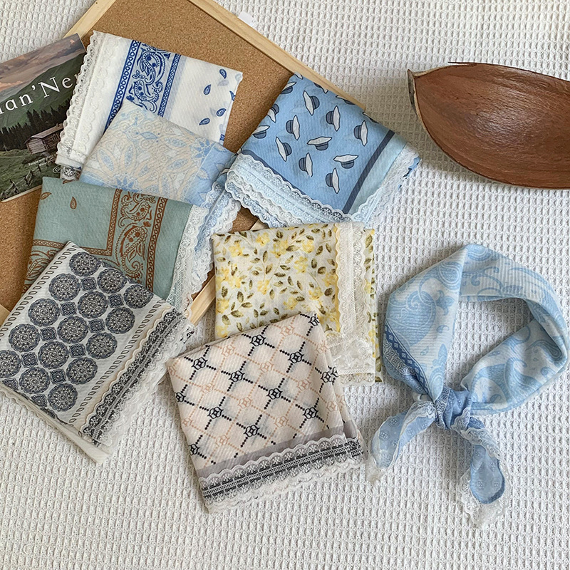 Bufanda de seda, bufanda cuadrada pequeña, sensación de alta calidad, nuevo pañuelo de encaje francés, diadema pastoral femenina de verano, cinta para el cabello atada