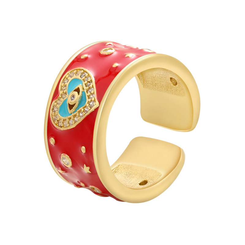 Color Drop Oil Micro Inlaid Ring Peach Heart Eye Pattern Heart Opening Ring display picture 3