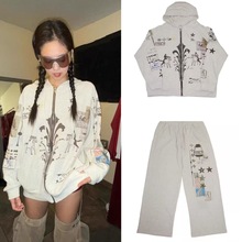 韩国小众金智妮元彬同款涂鸦印花连帽拉链卫衣外套宽松长裤男女同