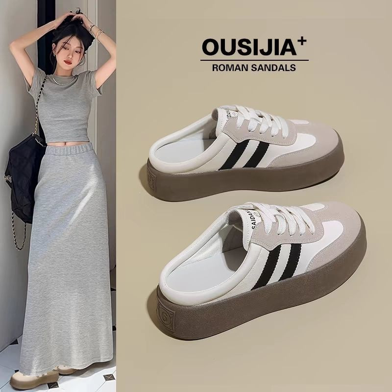 Mitad zapatillas de primavera y verano para mujeres 2025, nuevo calentamiento, zapatillas de fondo grueso, zapatos casuales, zapatos perezosos.