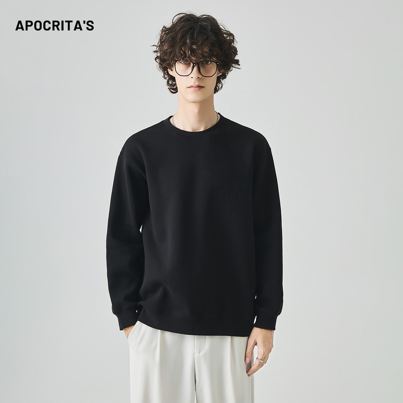 APO男装 |跨境男士卫衣秋季潮牌宽松圆领重磅绣花长袖T恤内搭上衣|undefined