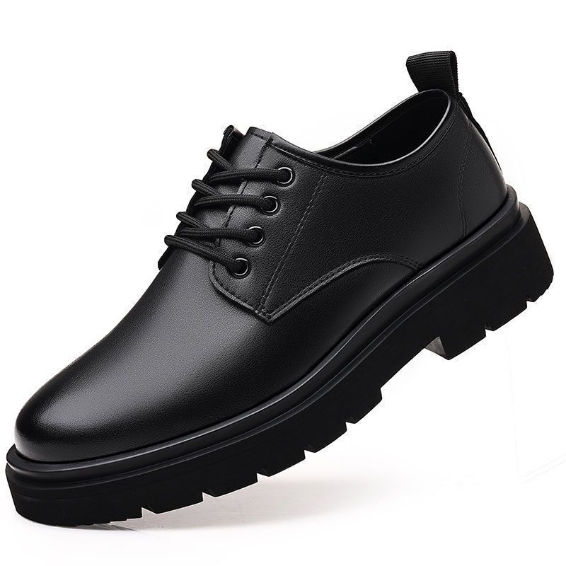 Men's Leather Shoes Spring and Autumn British Thick-Soled Derby Shoes Men's Formal Wedding Black Low-Cut Boots Business Casual