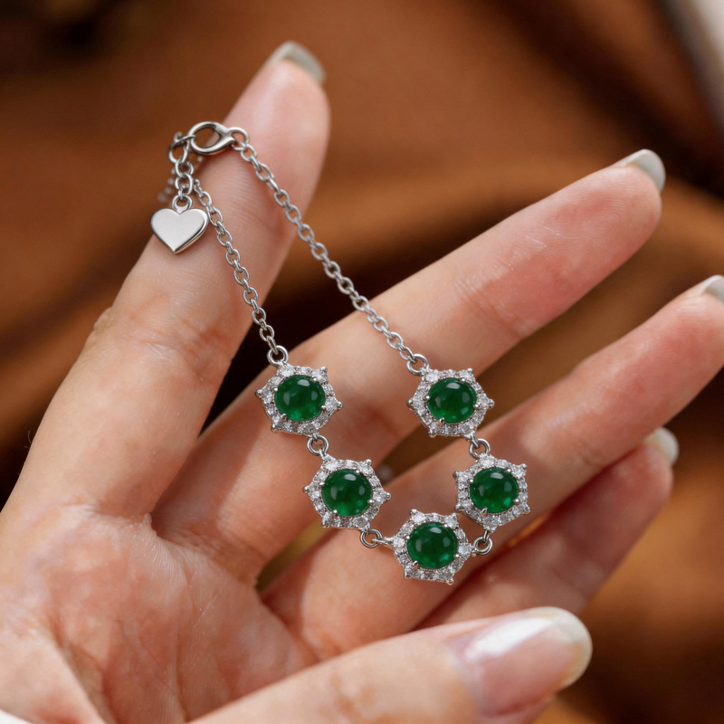 Natural Diopside Bracelet with 925 Silver Inlay, Granny Green Diopside 4×6mm, Korean Style Green Flower Bracelet for Women