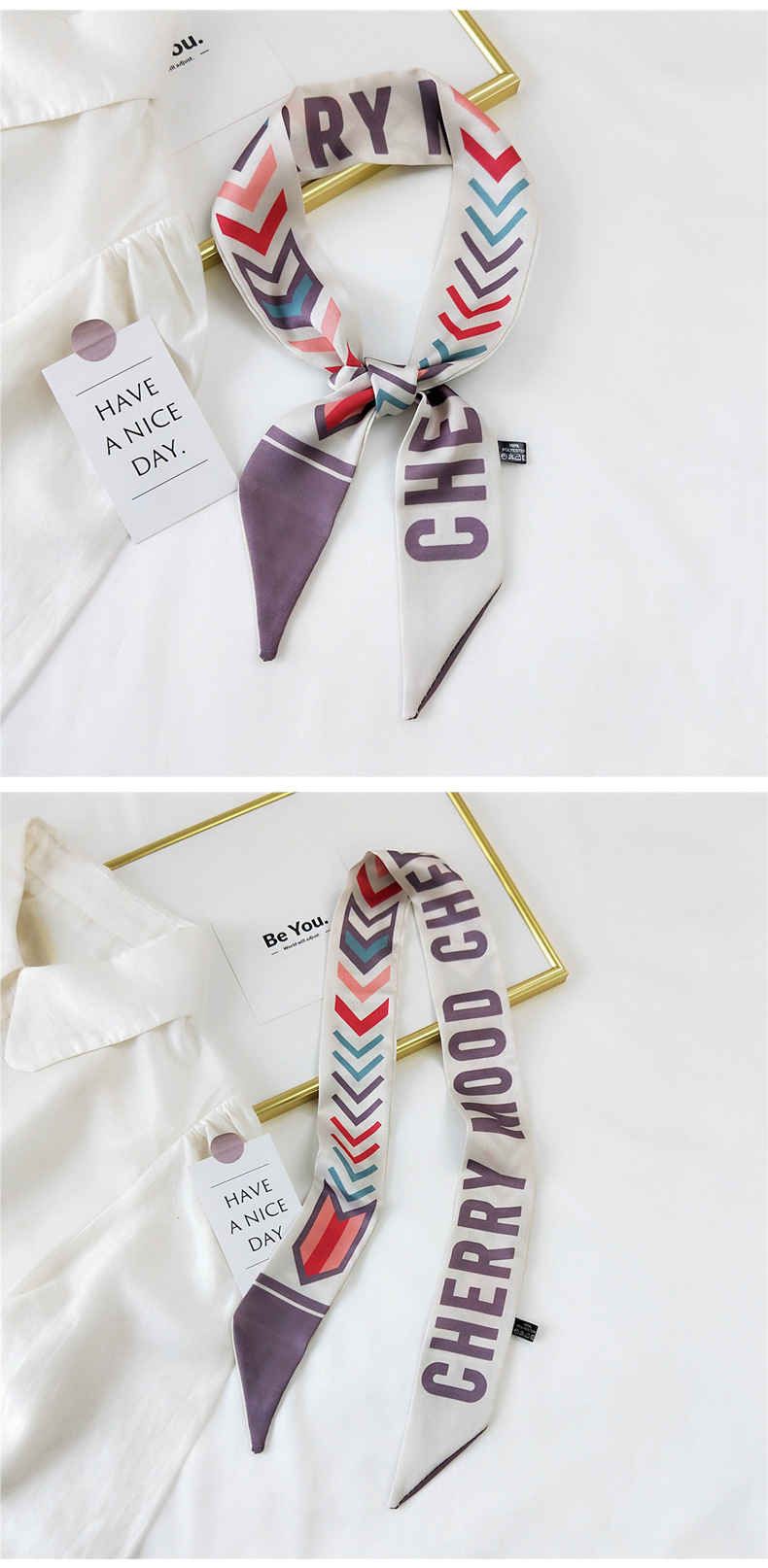 30g Weight Silk Scarf Classification Travel Occasion Unisex Gender Sweet Style Khaki, Grey, Pink, Purple, Red, Green, Blue, Black Color Fashion Streamer Printing Bow Silk Scarf Wholesale 27