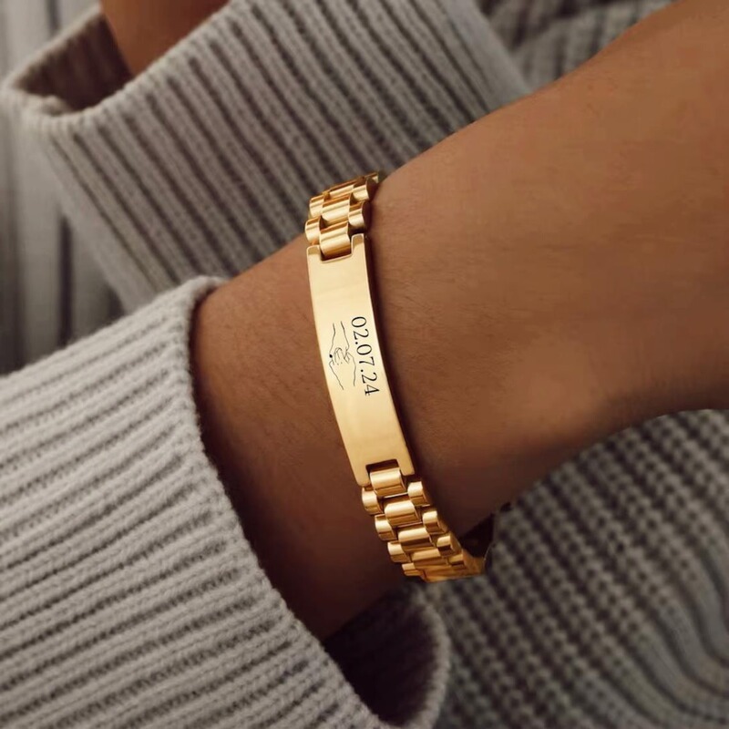 Cross-Border Hot-Selling Custom Men's Bracelet, Stainless Steel, Customizable with Engraving, Gold-Plated Watch Strap Bracelet, Waterproof, Father's Day Gift Cross-Border Hot-Selling Custom Men's Bracelet, Stainless Steel, Customizable with Engraving, Gold-Plated Watch Strap Bracelet, Waterproof, Father's Day Gift