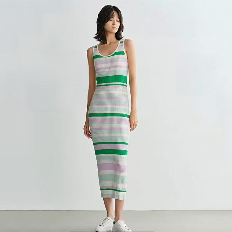 Spring and Summer New Style Silent Striped Knit Slimming Dress, Same Style as Yang Mi, Colorful Striped Knit Tank Dress for Women Spring and Summer New Style Silent Striped Knit Slimming Dress, Same Style as Yang Mi, Colorful Striped Knit Tank Dress for Women