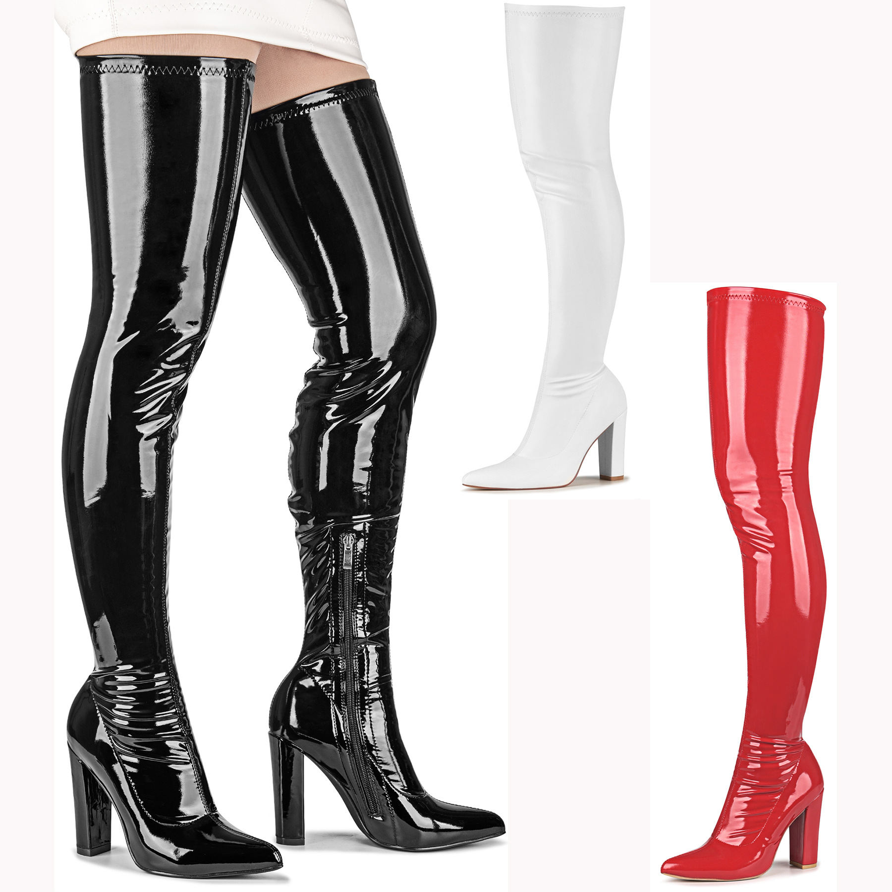 2024 봄 신제품 솔리드 컬러 4방향 스트레치 레그 커버 부츠 수정된 무릎 위 두꺼운 굽 여성 부츠 Amazon 공급