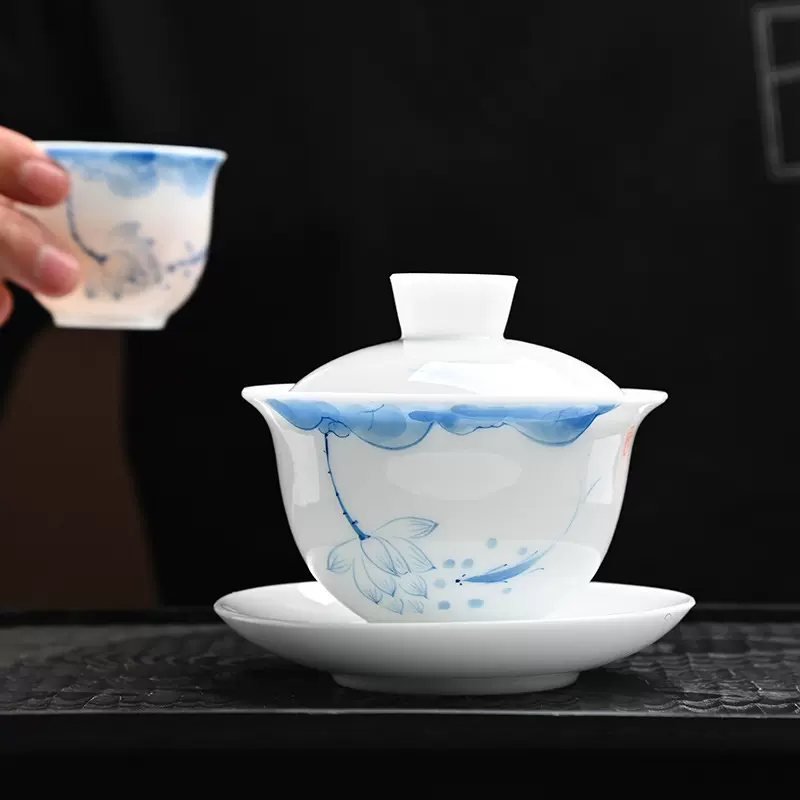 手绘陶瓷三才盖碗冰种羊脂玉瓷泡茶碗功夫茶具青花瓷釉下彩喝茶杯