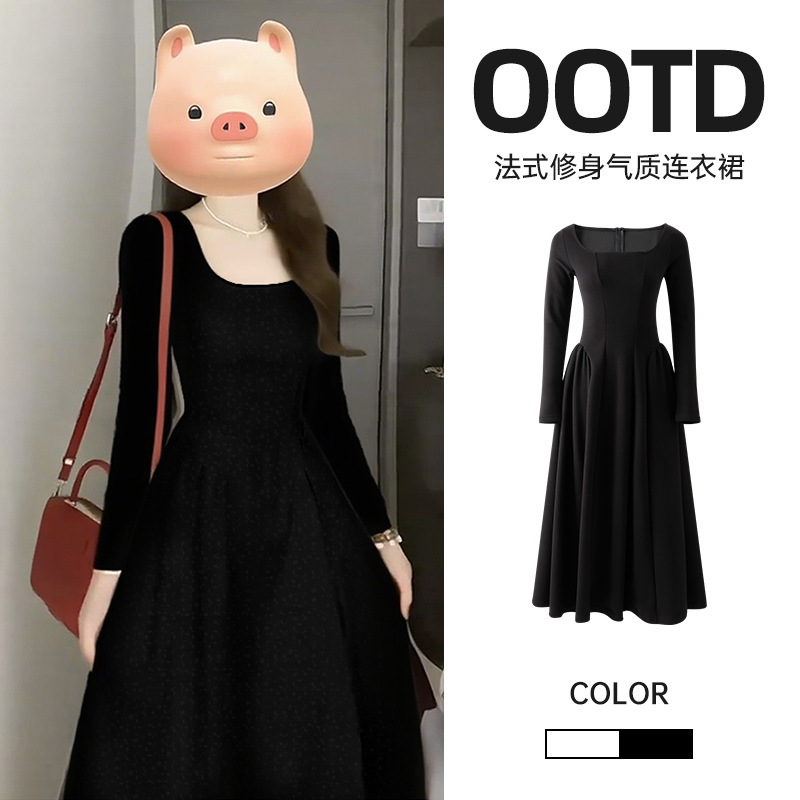 Black Slim-Fit French-Style Long-Sleeve Square-Neck Dress for Women, Autumn Hot Item 2026 New Model, Elegant and Slimming Waist-Cinching Dress
