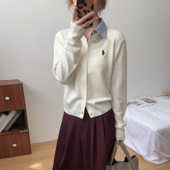 小马刺绣长袖针织开衫外套女2025新款衬衫领拼接毛衣女装韩系减龄