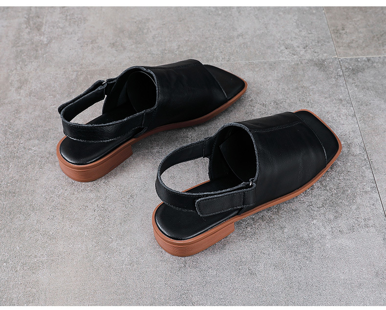 Sandal nữ da bò thật hở mũi phong cách cổ điển quai chữ V đế bệt mềm — màu nâu chi tiết 12
