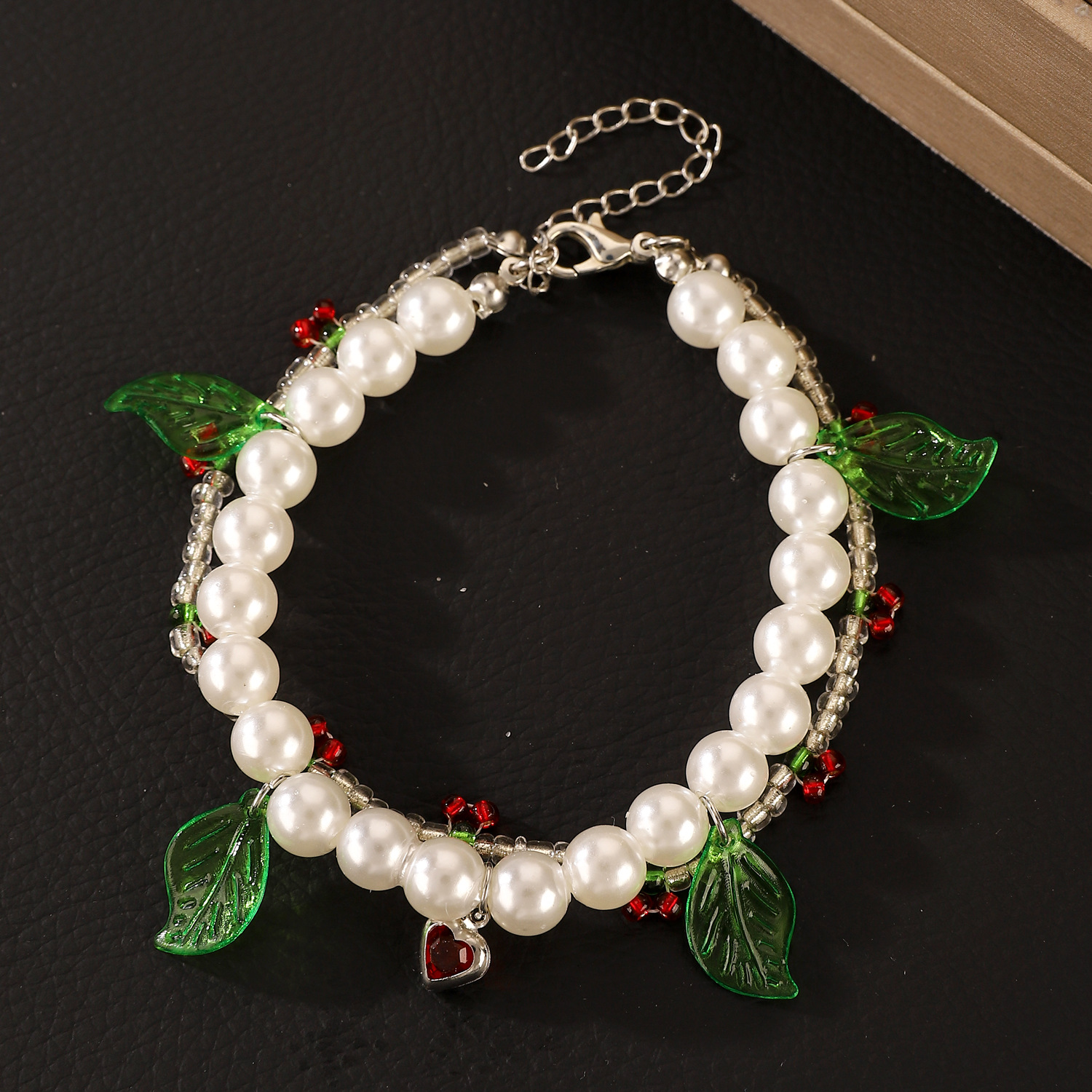 Women's Gender IG Style Sweet Leaves Cherry Imitation Pearl Alloy Seed Bead Beaded Chain Beaded Bracelets Wholesale