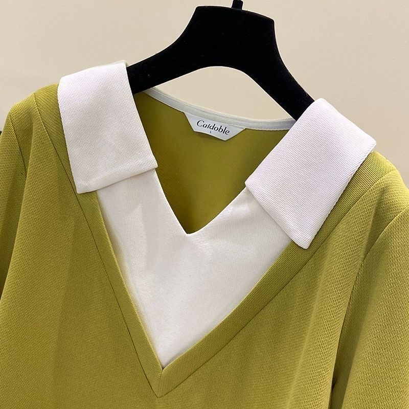 Plus Size Layered Polo Shirt – Slimming Long Sleeve Mock Two-Piece Top For Women (Green/Black, L-4XL, Up To 300lbs)_ecoleips.com