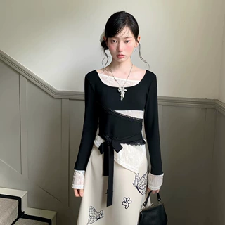 2026秋季新款甜辣风假两件长袖T恤女设计感修身显瘦气质百搭上衣