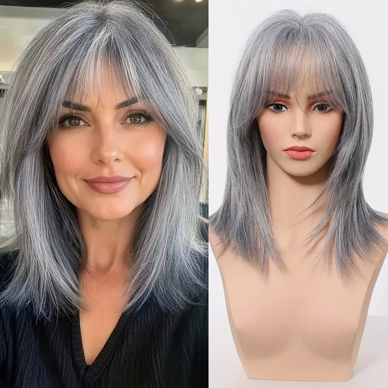 Amazon Partial Fluffy Wig for Women Cross-Border Natural Dark Gray Slightly Curly Simulated High Temperature Silk Wig Full Headgear
