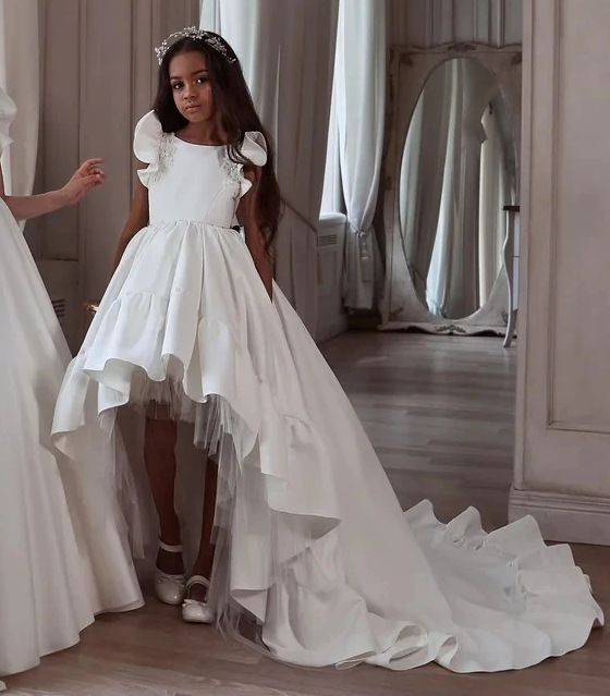 White Evening Dress with Trailing Tutu Skirt Sleeveless for Girls - Birthday Performance Host Catwalk Polyester Casual Dress_voghion.com