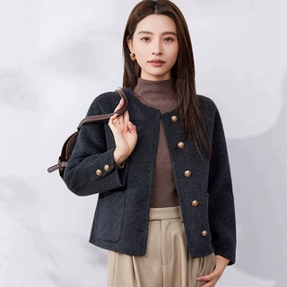 短款毛呢外套女100纯羊毛大衣双面手工圆领宽松妈妈发女装衣服新