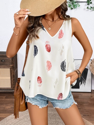 Amazon Bestseller Extended V-Neck Blouse with Feather Shadow Print Lace Cut-out Women's Vacation Sleeveless Top