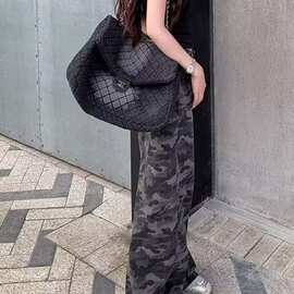 大码胖妹妹美式迷彩工装牛仔裤女夏显瘦阔腿裤梨形身材垂感拖地裤