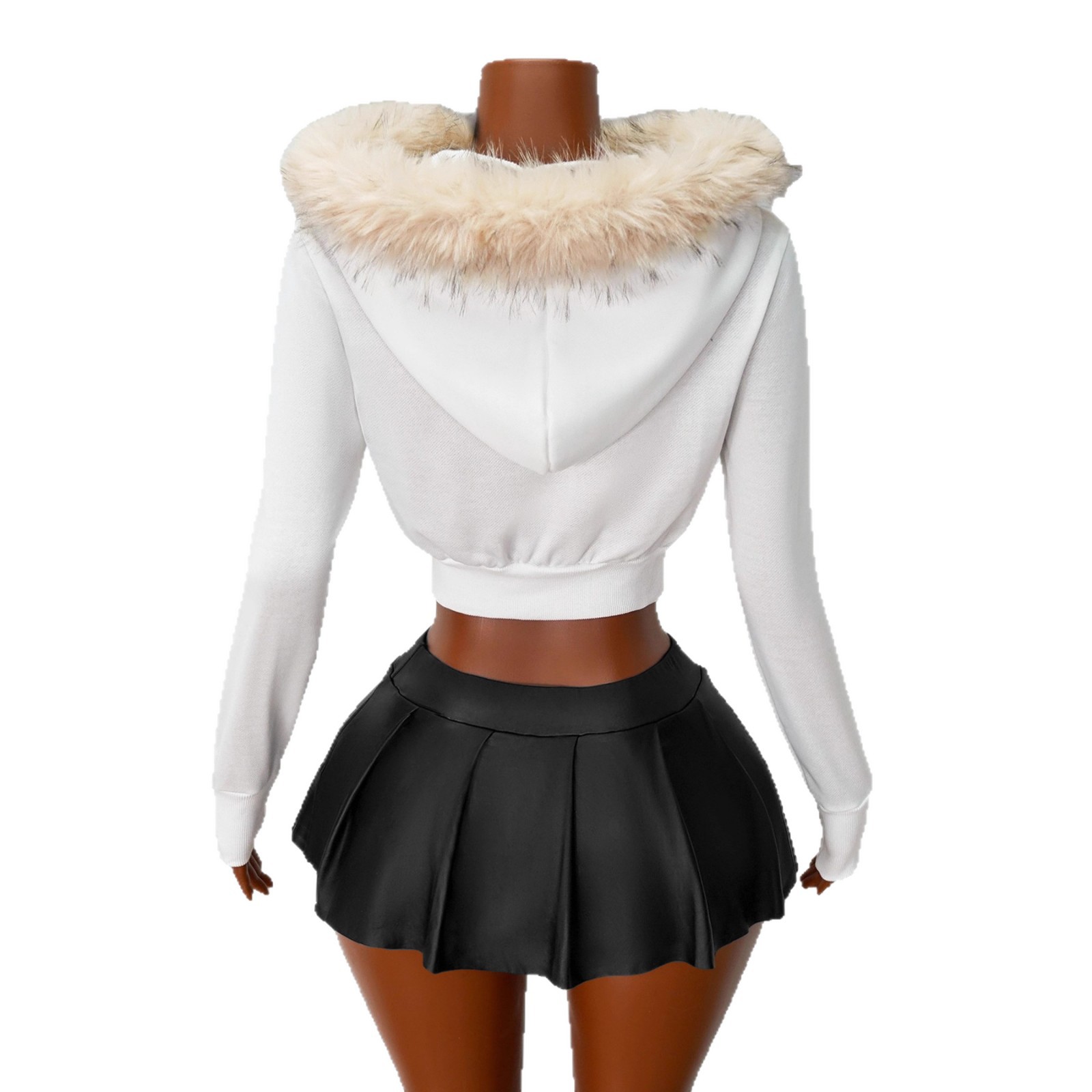 Petite Hooded Short Jacket Large Fur Collar Zip Up Solid Color Cropped Sexy Sweatshirt Autumn Winter Outerwear_voghion.com