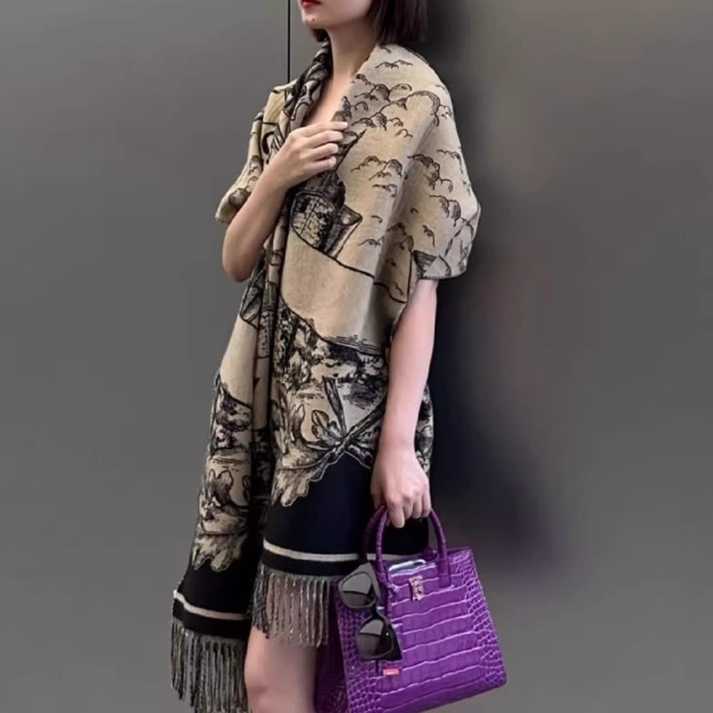 人気の戦馬両面スカーフ、女性用、春夏のエアコン付きの部屋で暖かく保つタッセル、秋冬の旅行用マントで風を防ぎます。|undefined