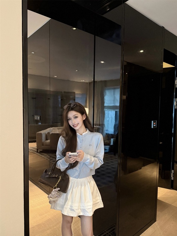 2025新款甜美风套装单排扣长袖针织衫女秋季高腰垂感半身裙两件套|undefined