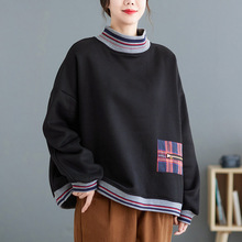 新款2023冬季新款棉质贴布高领卫衣女士加绒保暖宽松套头上衣