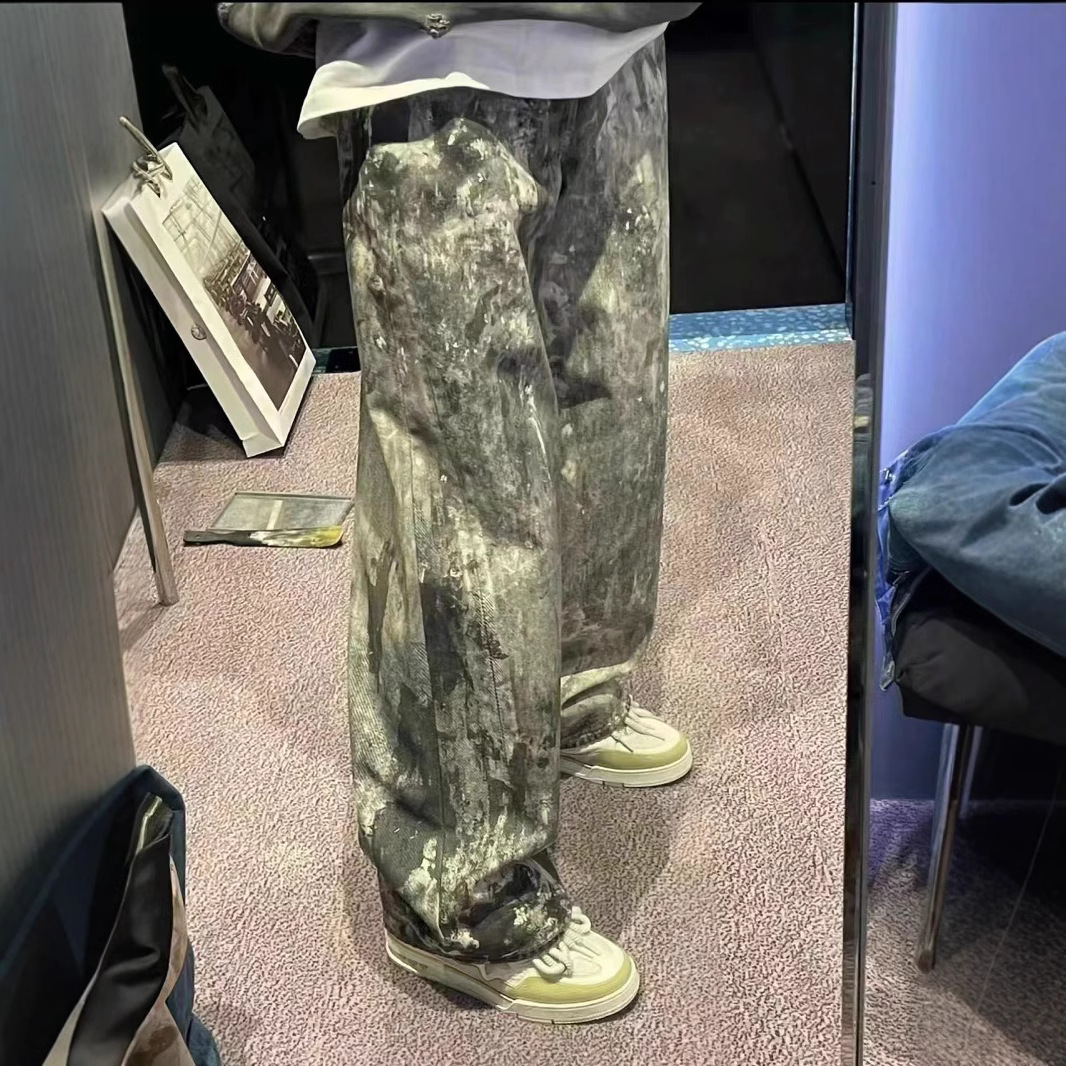 2025新款美式小众数码印花迷彩泼墨阔腿牛仔裤男生潮流百搭直筒裤