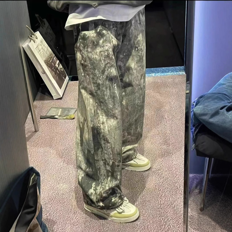 2025 New American Niche Digital Printing Camouflage Splash-Ink Wide-Leg Jeans for Boys Trendyy Versatile Straight Pants