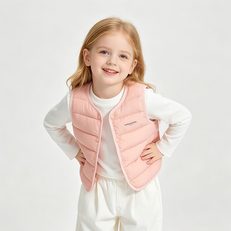 Children's lightweight down vest, spring and autumn style, warm vest for boys and girls, inner layer, outer layer, solid color, simple vest.