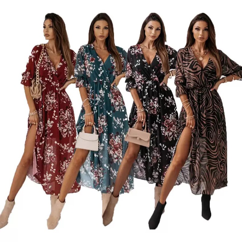 2026 European and American Cross-Border Women's Summer New Style Plus-Size Long Chiffon Printed V-Neck Dress with Slit Hem and Short Sleeves
