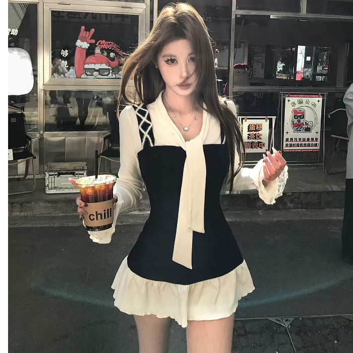 法式甜辣妹学院风假两件连衣裙女秋季高级感气质长袖收腰公主裙子|undefined