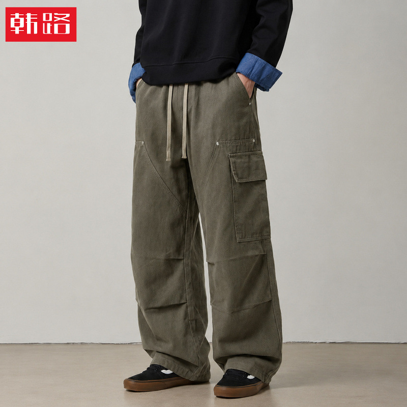 Hanlu | American-style large-pocket solid color cargo pants for men, autumn double-knee construction, vintage loose fit, versatile casual trousers