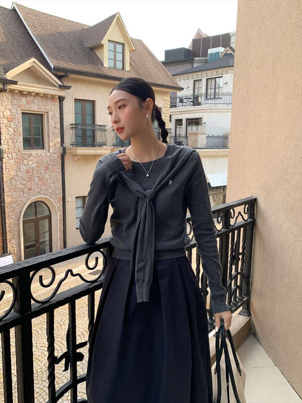 衣尔衫 好看滴！ 韩系披肩纯色刺绣针织衫女气质简约长袖正肩0518|undefined