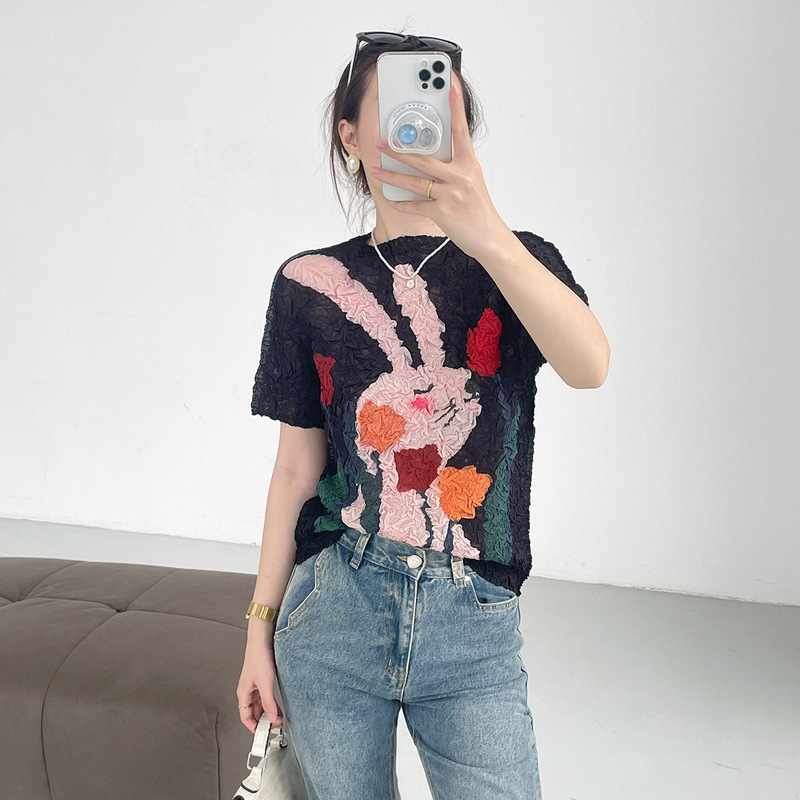 Miyake 2025 High-End Design Cute Rabbit Pleated Top Fashionable and Versatile Slimming Look Light and Breathable T-Shirt for Women