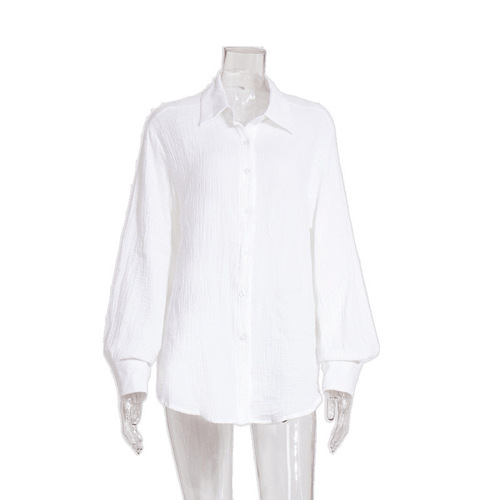 Cross-border pure cotton crepe shirt, European and American style, 2025 summer new style women's comfortable loose elegant polo shirt blouse