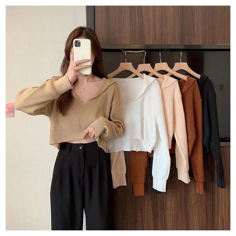 Spot wholesale pullover lapel short loose long sleeve early spring little sweater sweet cute top wear