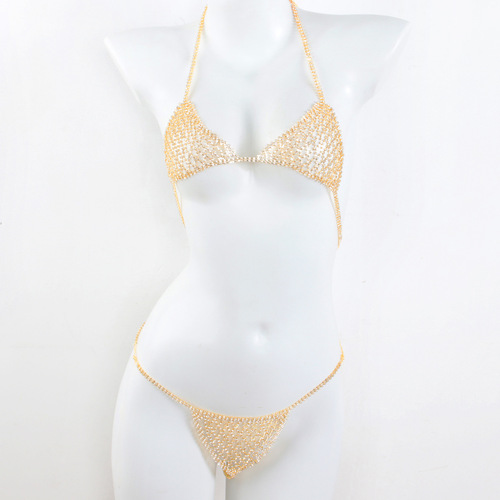 European and American cross-border accessories exaggerated bikini breast chain thong sexy nightclub rhinestone underwear body chain set