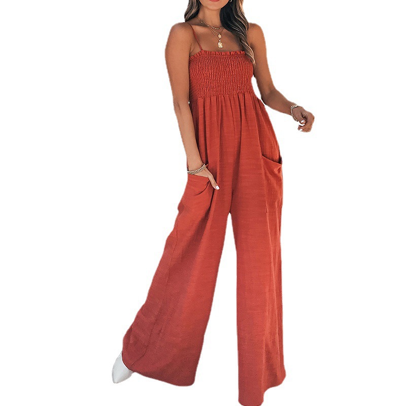 Comercio exterior 2025 Amazon Comercio exterior europeo y americano Ropa de mujer Sling de color sólido pliegues moda casual Commuter cintura alta mono