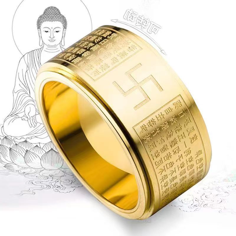 佛家转动掉色心经戒指转运霸气复古指环食指男女个性男士旋转戒子