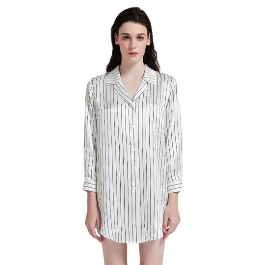 19 M White striped silk shirt dress 100% mulberry silk heavy weight silk nightgown classic style spot