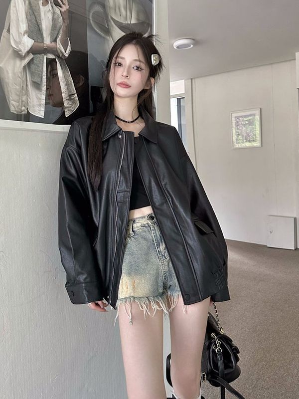美式复古咖色皮衣夹克外套女早秋黑色甜酷风机车PU皮宽松长袖上衣|undefined