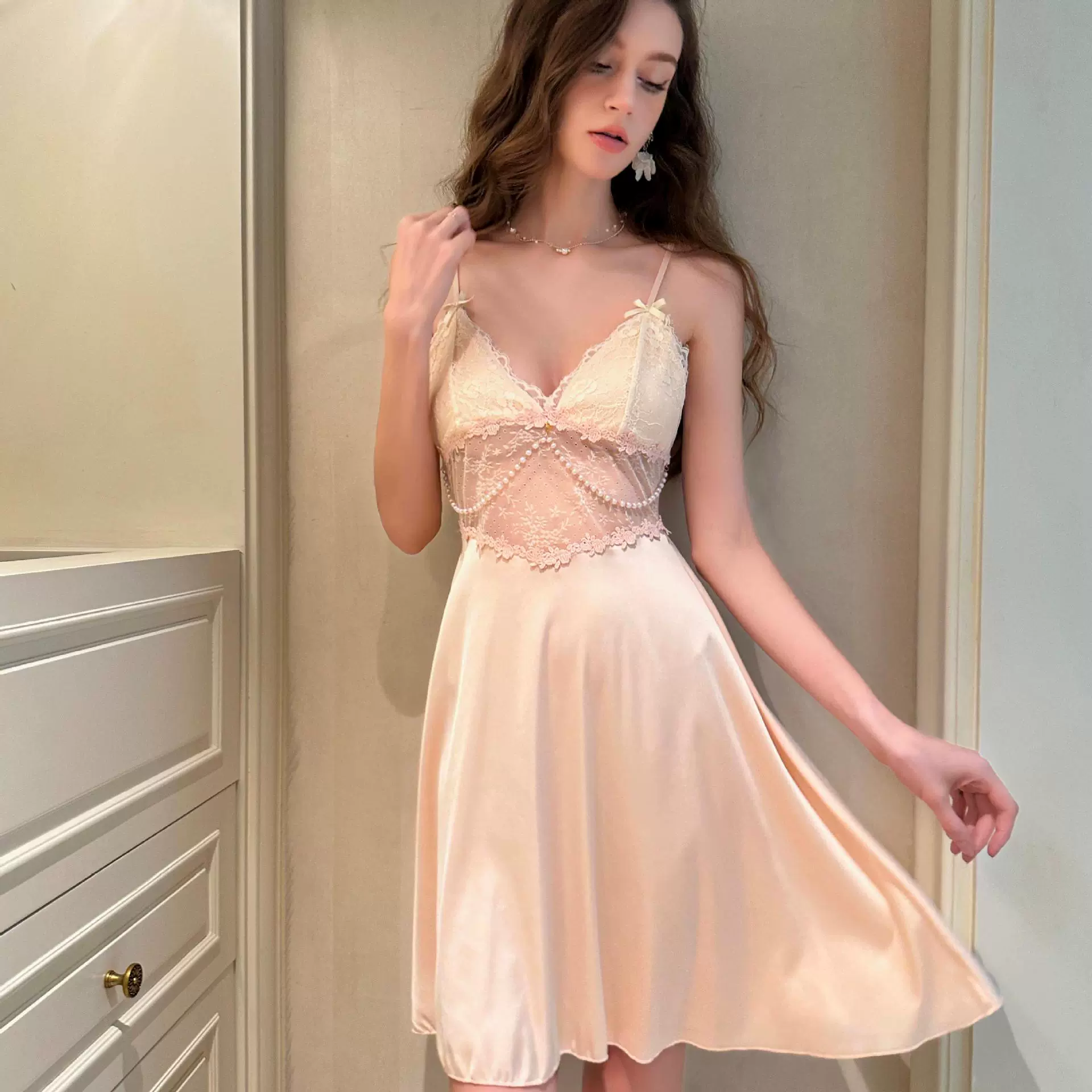 Sexy пижама, кружевное прозрачное нижнее белье, топ с чашками, Slip-dress