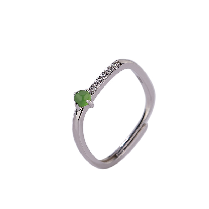 Nhẫn bạc S925 đính đá Hetian jasper hạt tròn nhỏ phong cách đơn giản sang trọng — Mở một size
