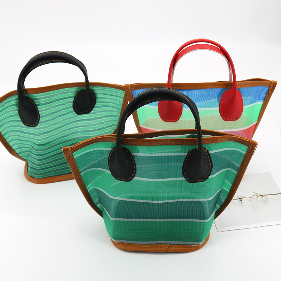 82g Weight Nylon Lining Material Hollow Fashion Element Open Closure Type Top Handle Strap Type Women's Medium Nylon Stripe Basic Classic Style Hollow Bucket Open Bucket Bag