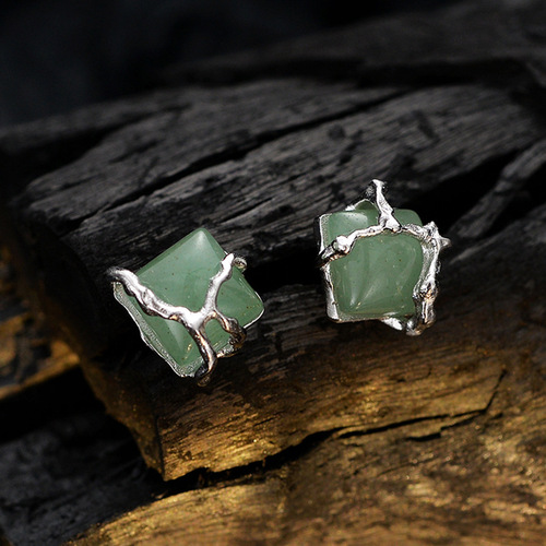 E1245 New Chinese Style Earrings for Women Simple and Fresh S925 Sterling Silver National Trend Square Pearl Green Aventurine Jade Earrings