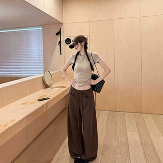 秋季新品前口袋垂感拖地裤宽松显瘦直筒卫裤女时尚软糯休闲阔腿裤
