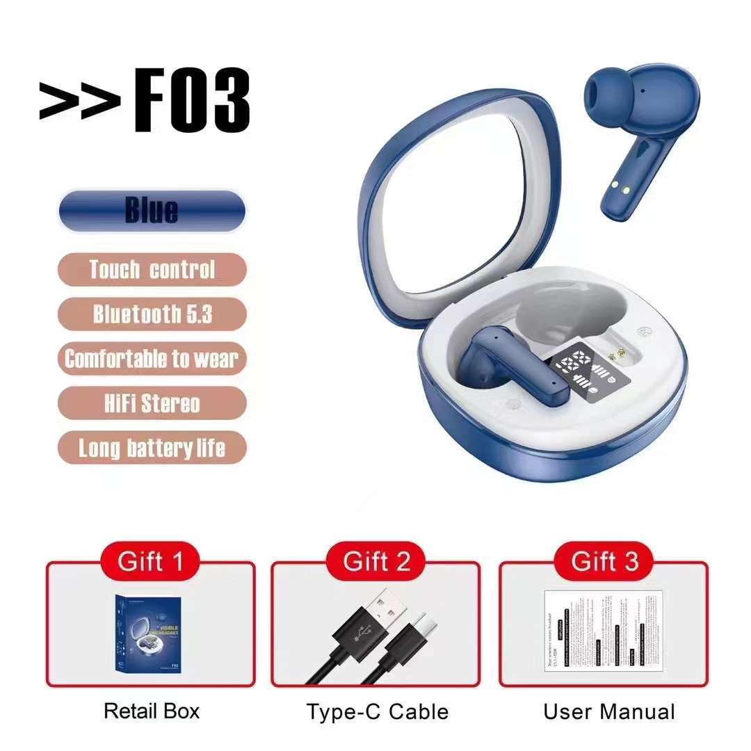 跨境新款F03无线蓝牙耳机5.3透明太空舱运动耳机低延迟长续航TWS