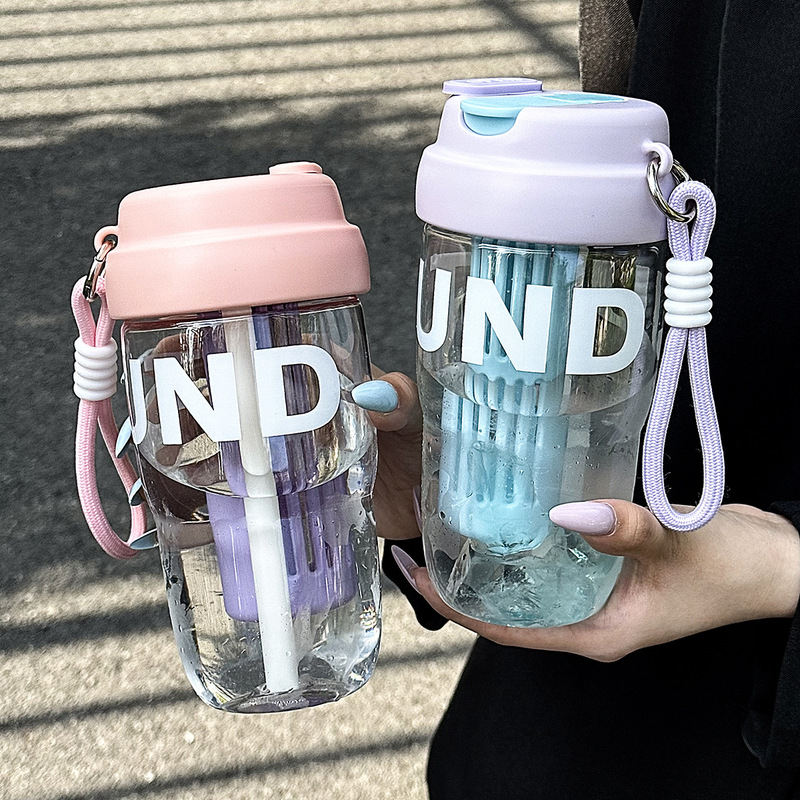 おしゃれな新しい高見えストローカップ、茶隔離、漏れ防止、持ち運び用ロープ付きプラスチックカップ、ポータブルダブルドリンクハンドルタンブラー|undefined